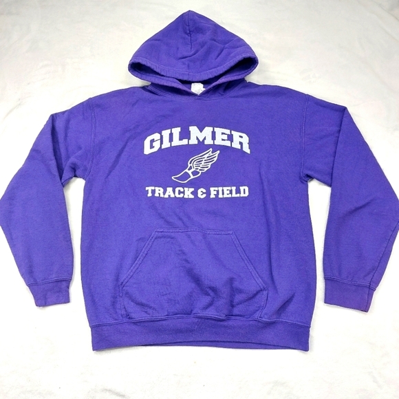 GILDAN UNISEX PURPLE GILMER HIGH SCHOOL TRACK AND FIELD PULLOVER HOODIE SZ M - Picture 1 of 10